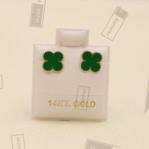 14K Solid Gold Green Enamel Clover Stud Earrings – Elegant Symbol of Good Luck.